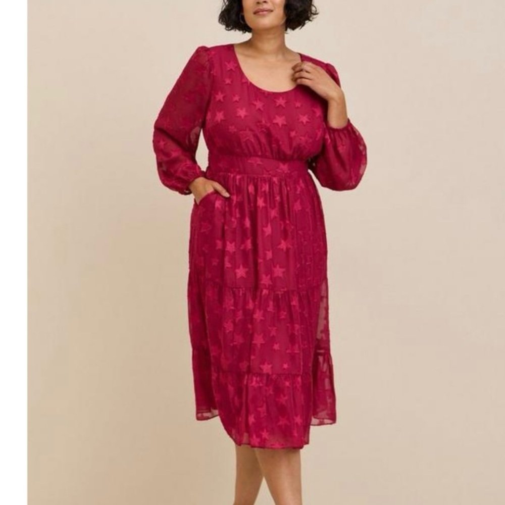 NWT Torrid Burgundy‎ Burnout Stars Chiffon Tiered Long Sleeve Pockets Dress 2X